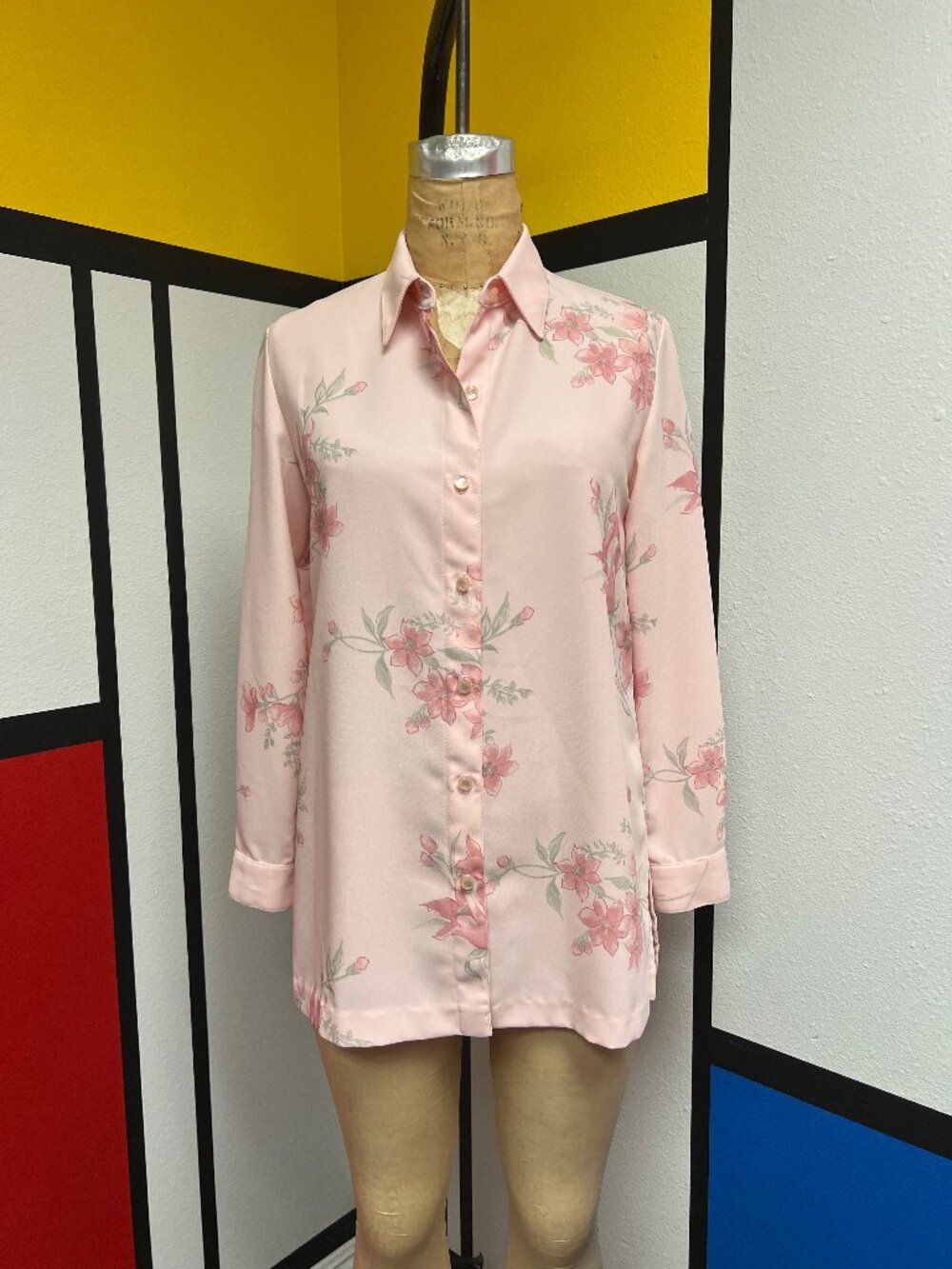 EUC Vintage 80s Graff Button Up Pink Floral Dress Shirt Blouse Small Medium